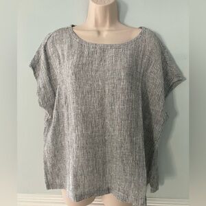 Tahari 100% linen top blouse cap sleeves button back Lagenlook minimalist boxy M